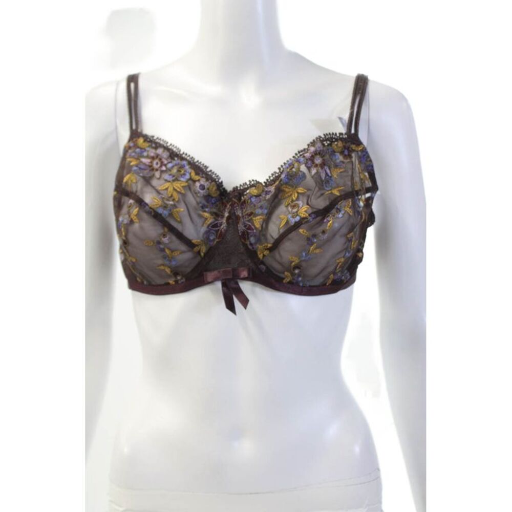 Lou Womens Floral Embroidered Sheer Full Coverage Bra Purple Size 38D